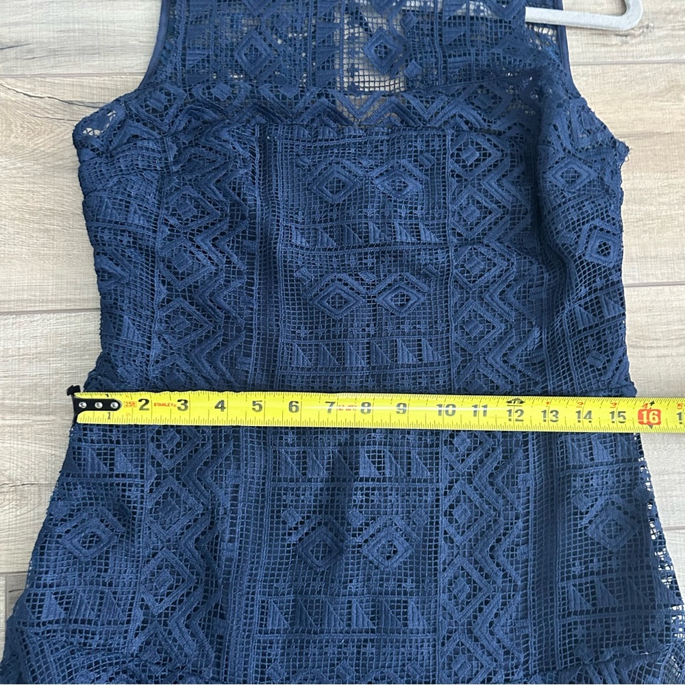 Parker Melissa Navy Blue Geometric Knit Crochet Sleeveless Handkerchief Dress M - Picture 11 of 13